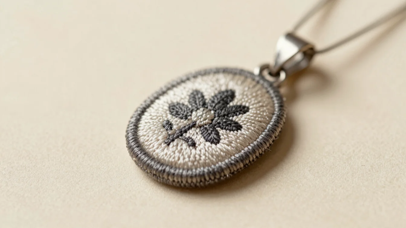 Macro photograph of a micro-embroidered pendant on a warm ivory b