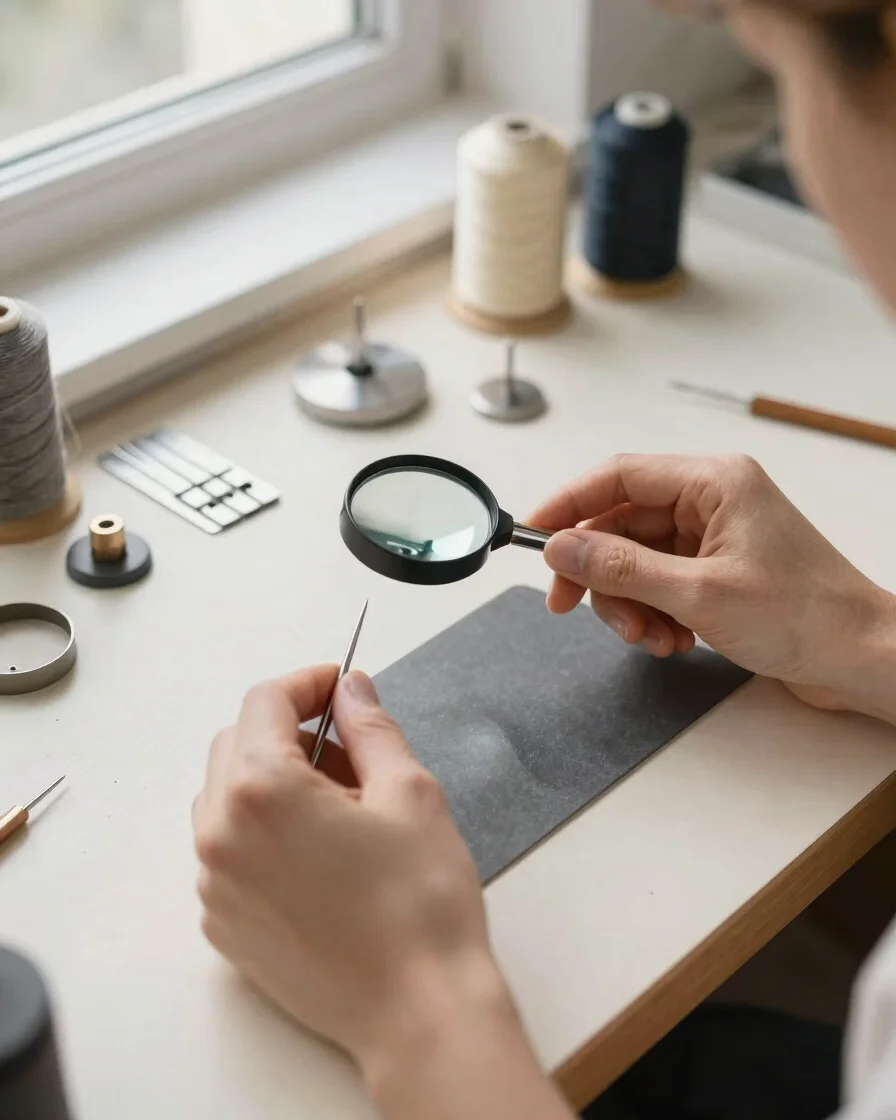 Overhead view of a workbench with loupe, fine needles, thread and metal settings in a bright artisan studio, soft natura