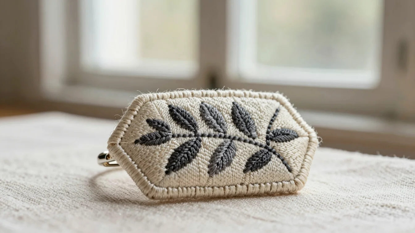Macro photograph of an embroidered brooch on natural linen, soft
