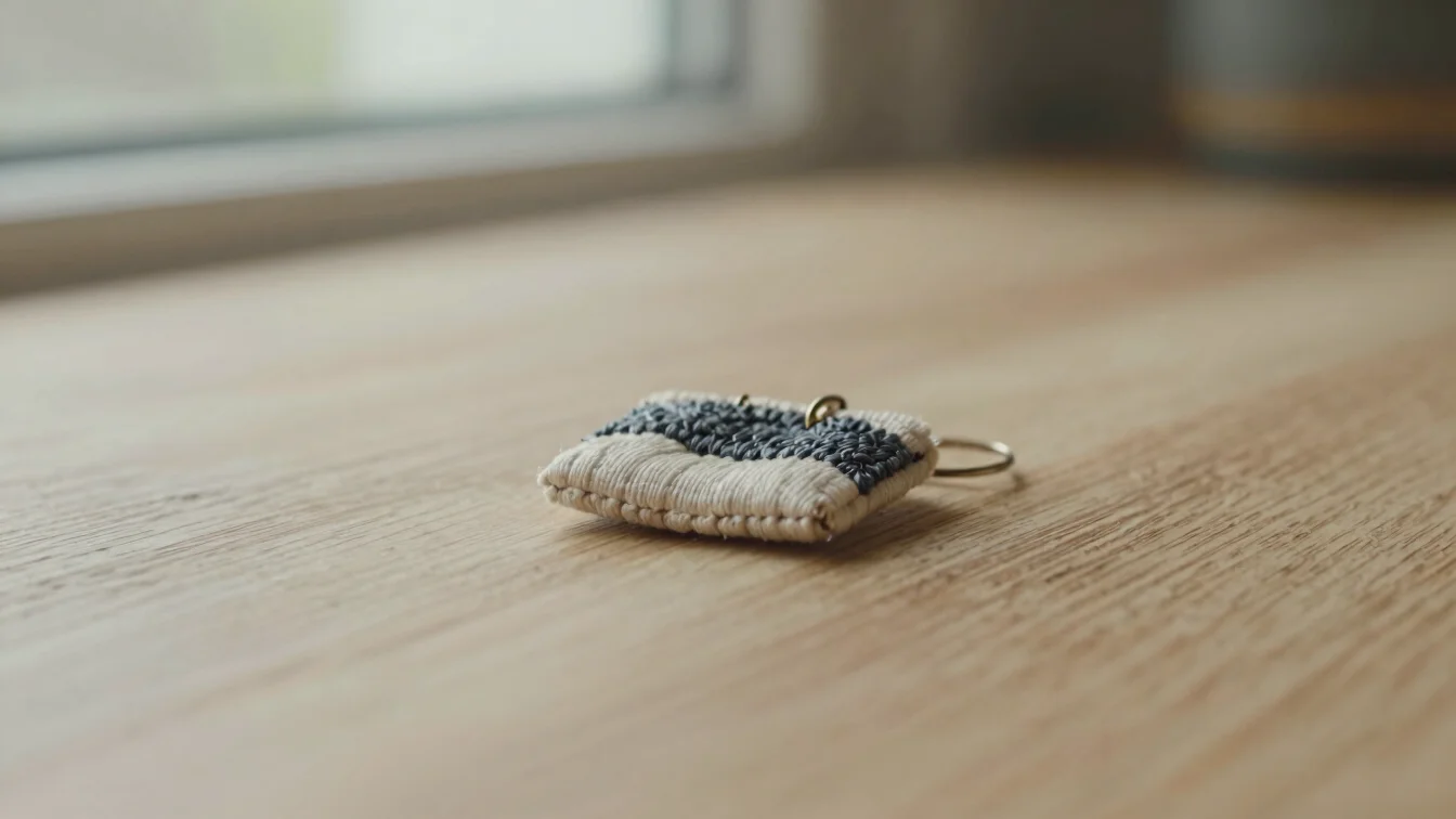Macro photograph of a small embroidered textile miniature on a li