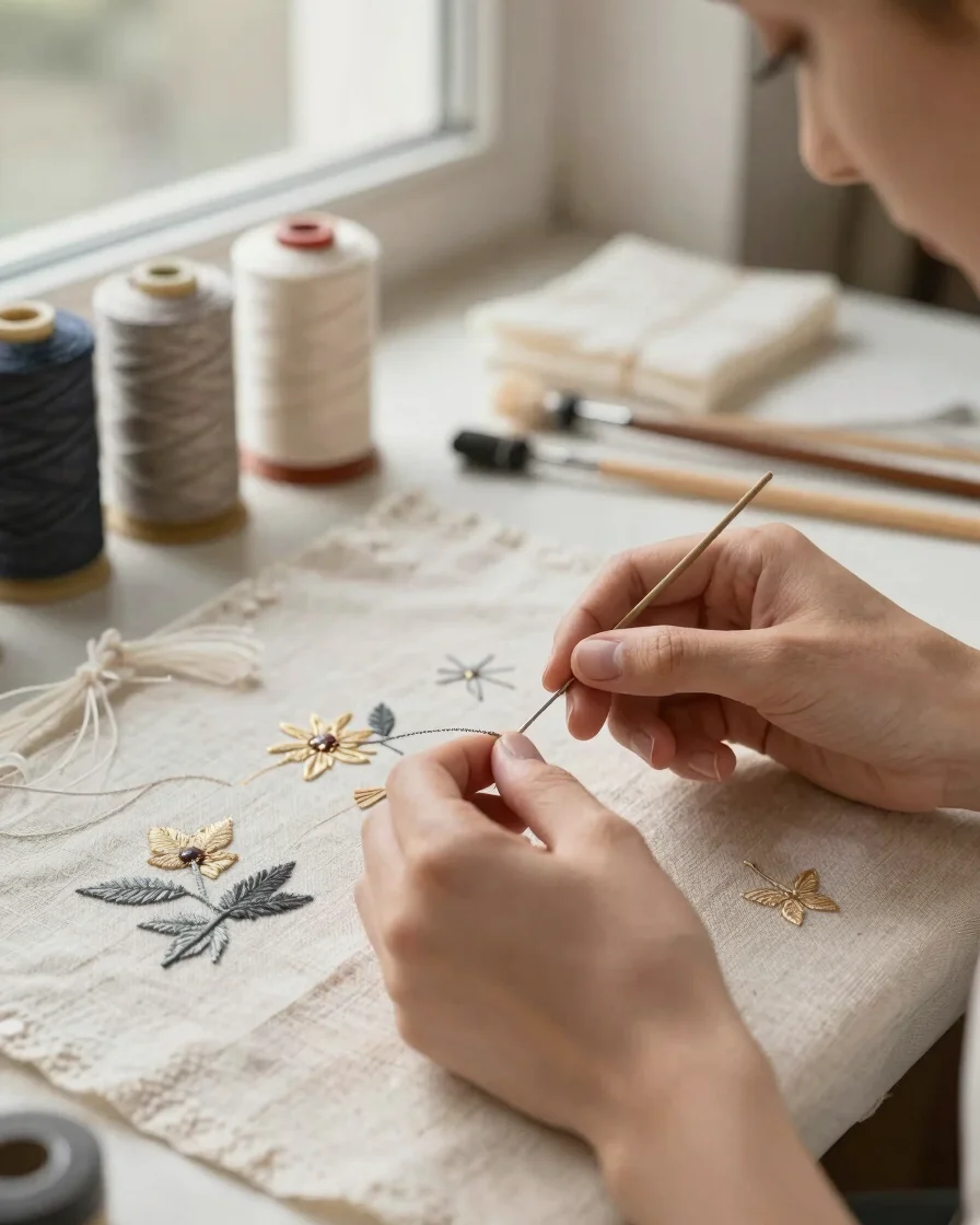 Macro editorial photograph of a female artisan's hands stitching