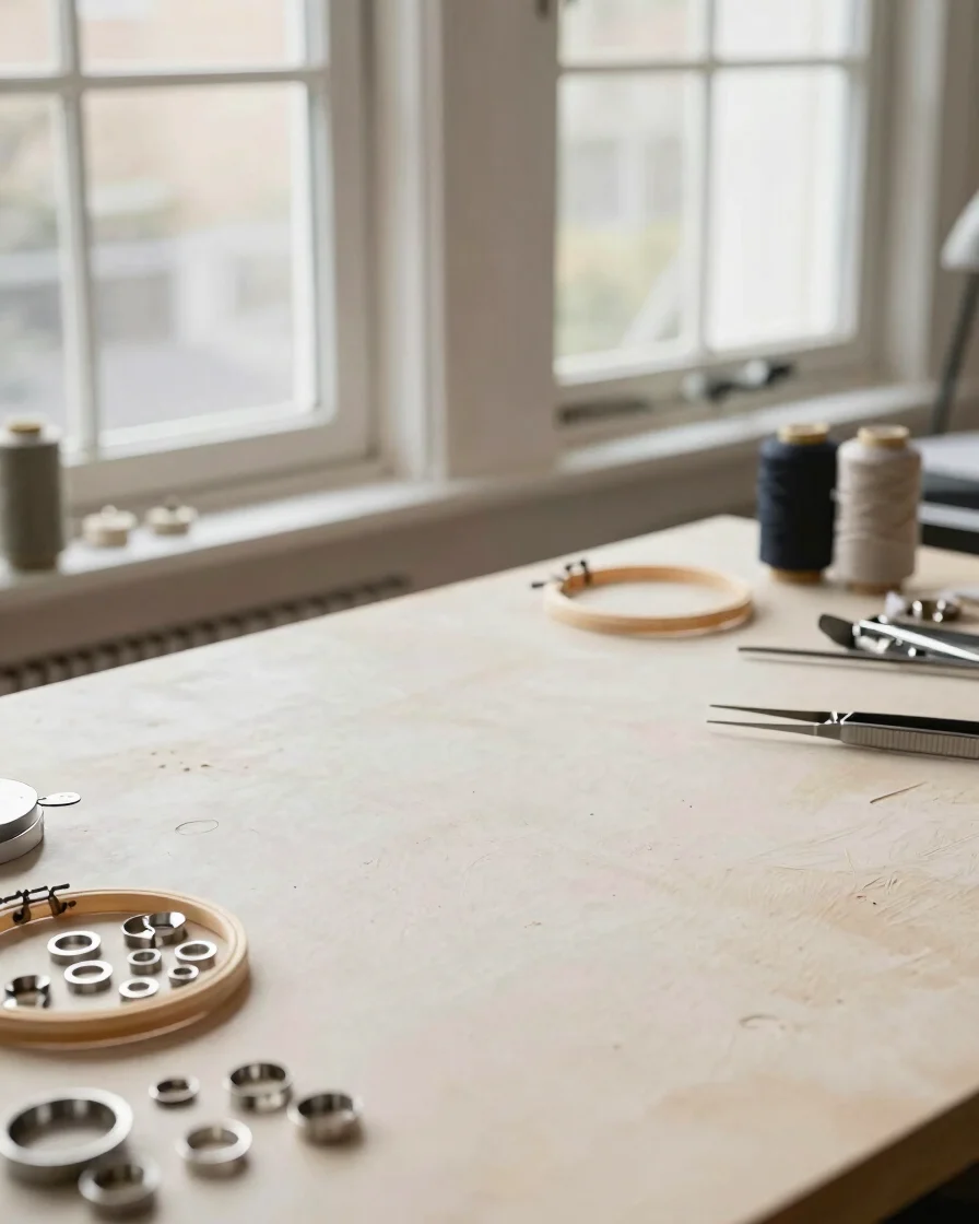 Wide editorial photograph of a jewelry workbench in a light plastered studio, small embroidery hoop, fine tweezers, meta