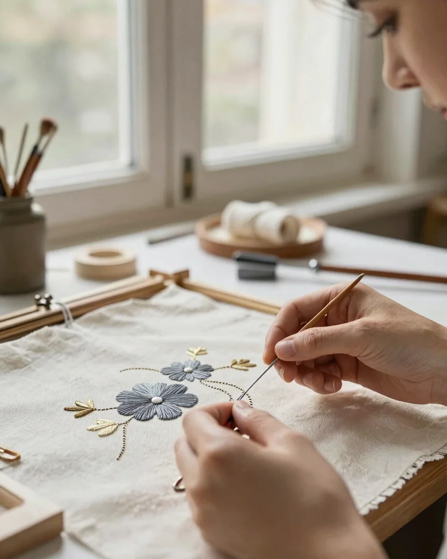Macro photograph of hands stitching micro-embroidery on fabric in