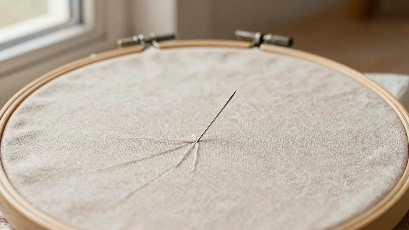 Close-up of a neat embroidery hoop with fine thread and a small needle on linen, soft natural daylight, warm ivory backg