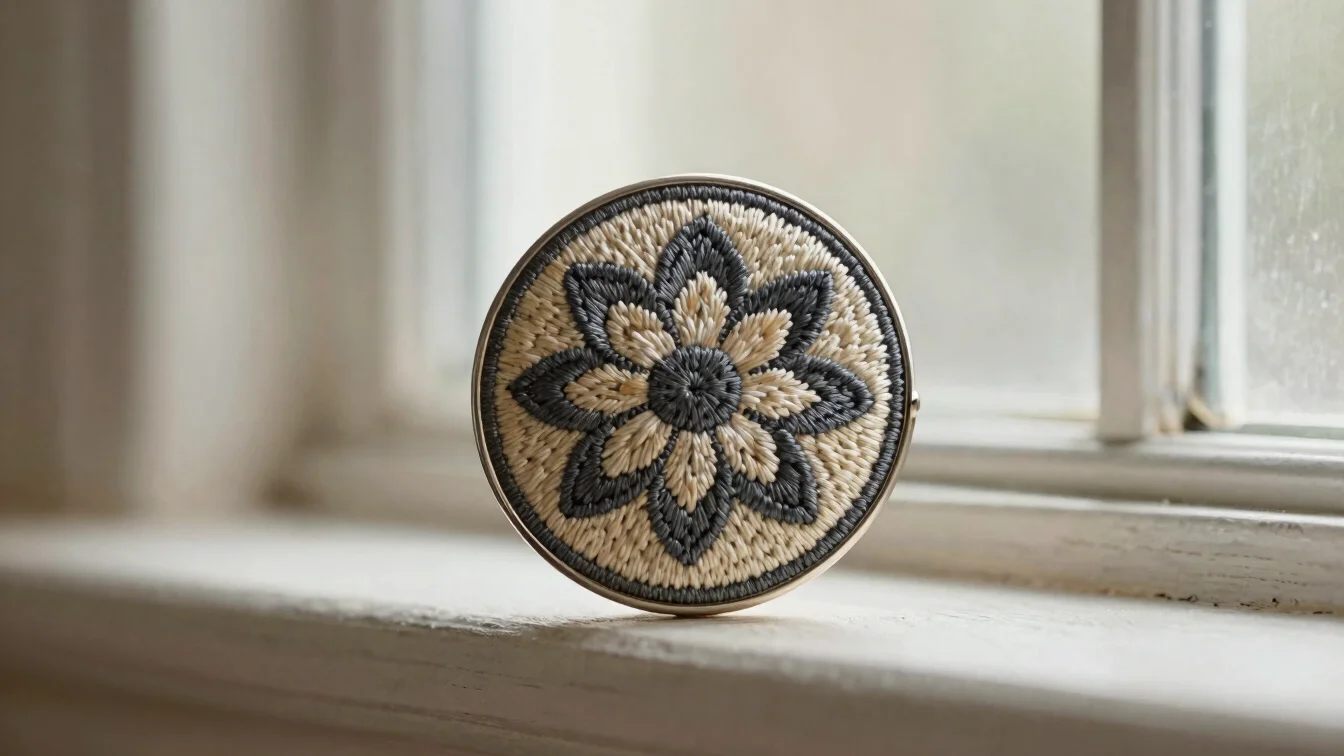 Macro detail of a finished micro-embroidered brooch set in a fine metal frame, graphite and natural tones, soft window l