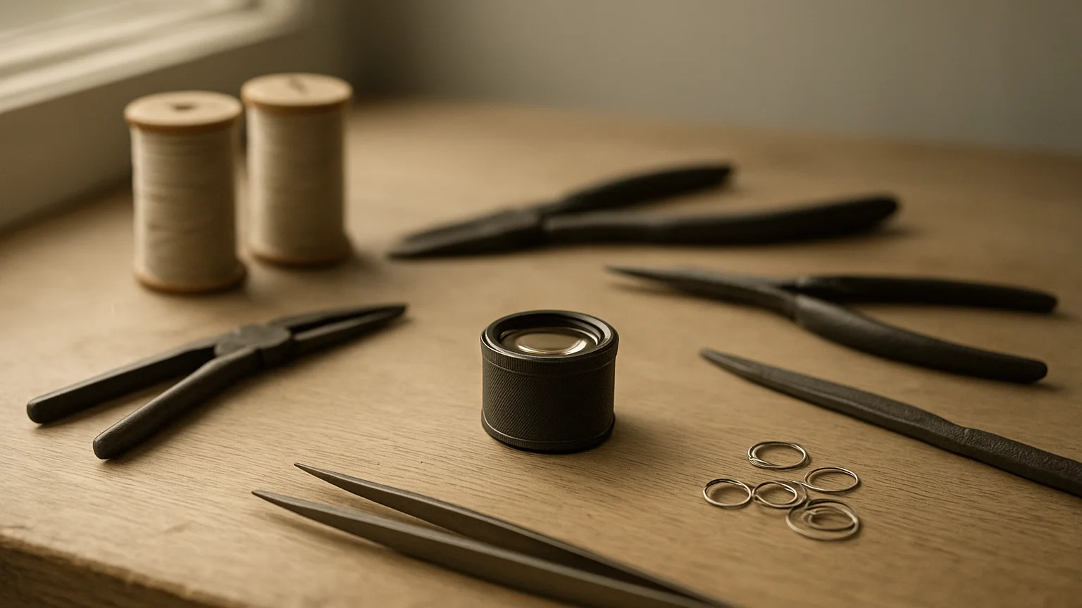 Workshop table with tools, loupe and thread spools in a quiet studio, natural window light, minimal composition