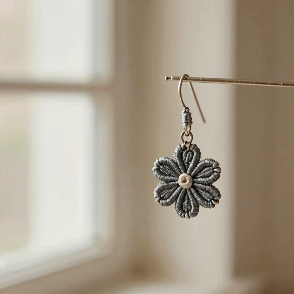 Close-up of silk thread stitches forming a small floral motif on