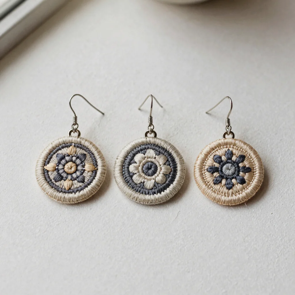 Overhead clean composition of three embroidered earrings on a lig