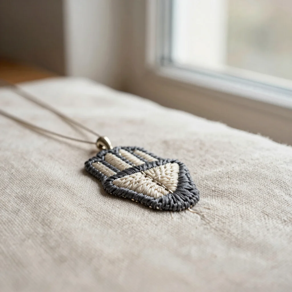 Macro shot of a hand-embroidered textile jewelry piece with visib