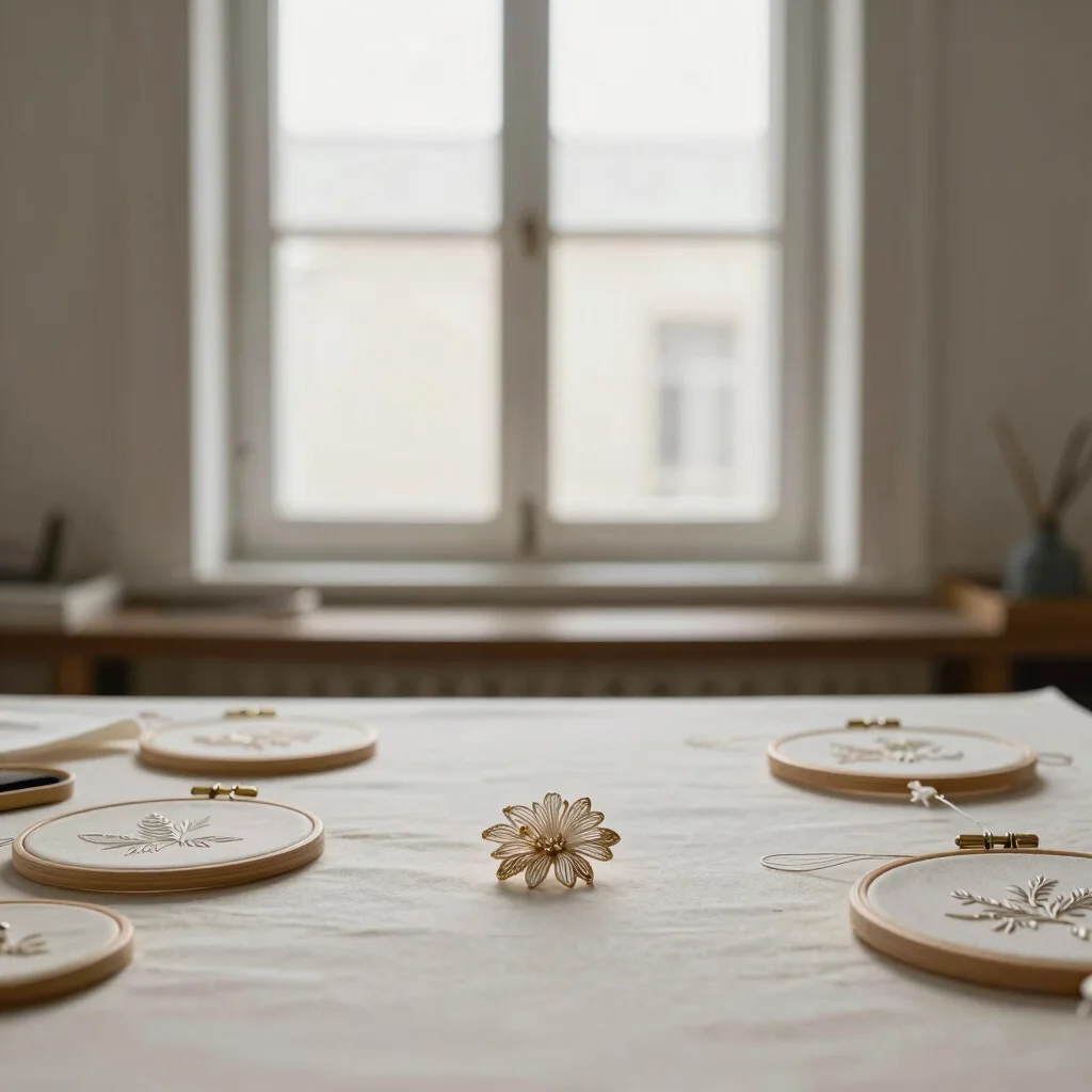 Wide still life of a workshop table with embroidery hoops and a f