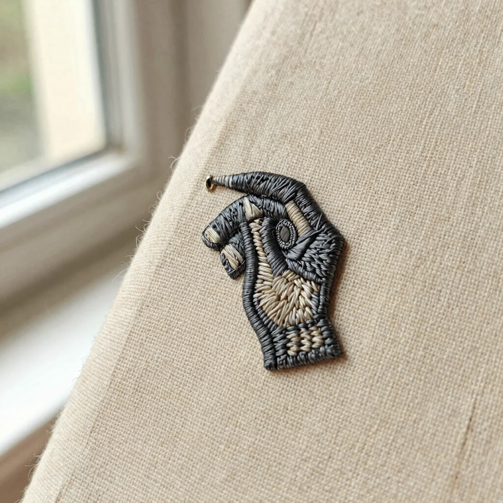 Editorial macro photograph of a hand-embroidered micro-stitch bro